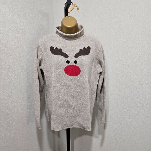 Vintage Binghamton Rudolph Sweater Womens S Beige Reindeer Mock Neck Holiday USA - Picture 2 of 9
